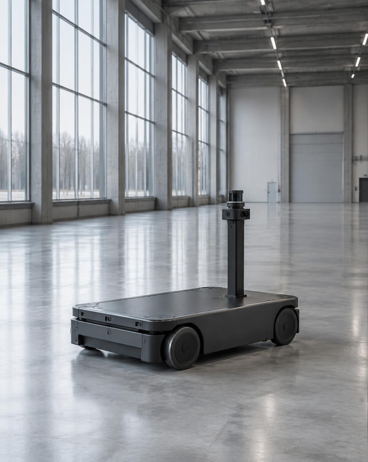 Autonom mobil robotplattform med sensormast på ett betonggolv i en tom industrihall.