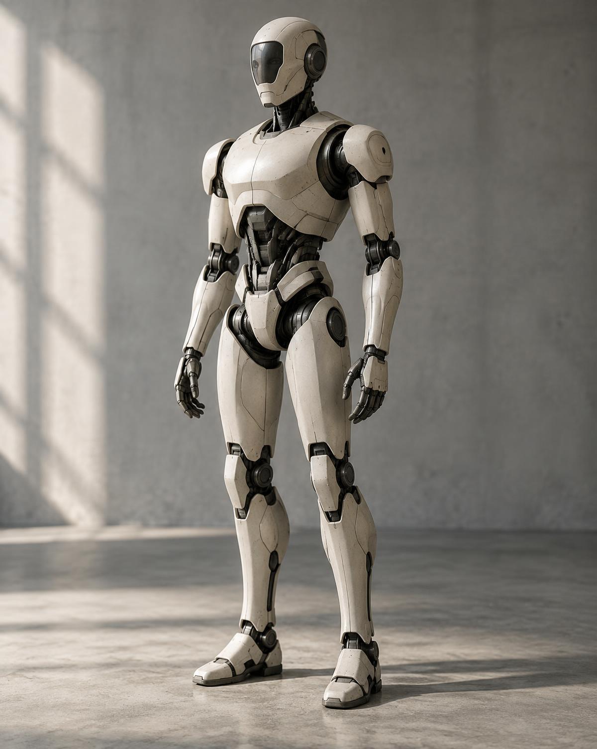 Humanoid robot i mörk grafittiram med elfenbensvitt hölje, stående i ett betongrum.
