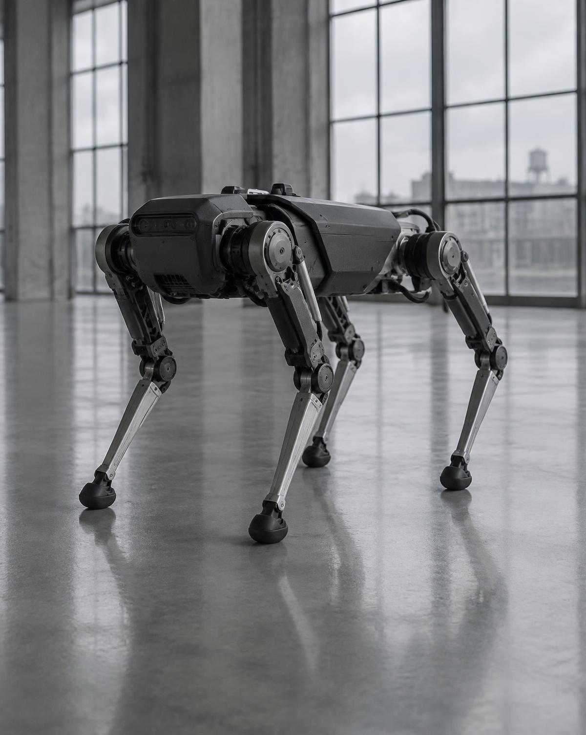 Kvadruped robot med mörk kompositkropp och anodiserade aluminiumben, stående i en industrihall.