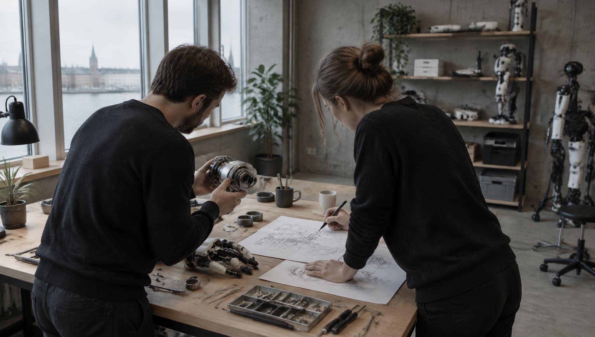 Två ingenjörer på en verkstadsbänk i en skandinavisk robotikstudio, undersöker en robotkomponent.
